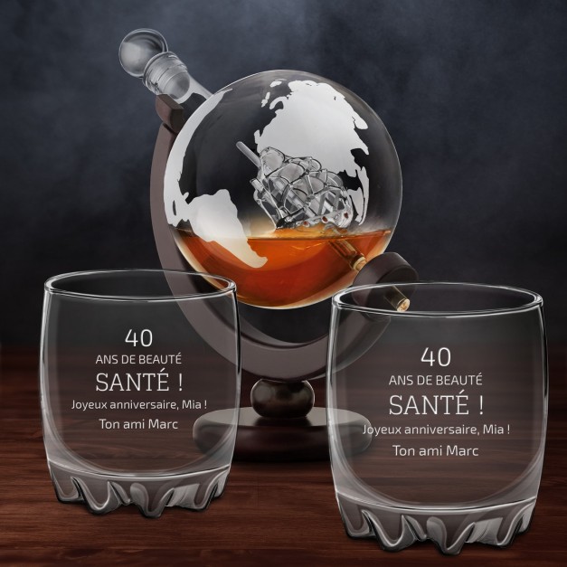 Carafe à whisky globe avec 2 verres gravés pour lui 40 ans anniversaire