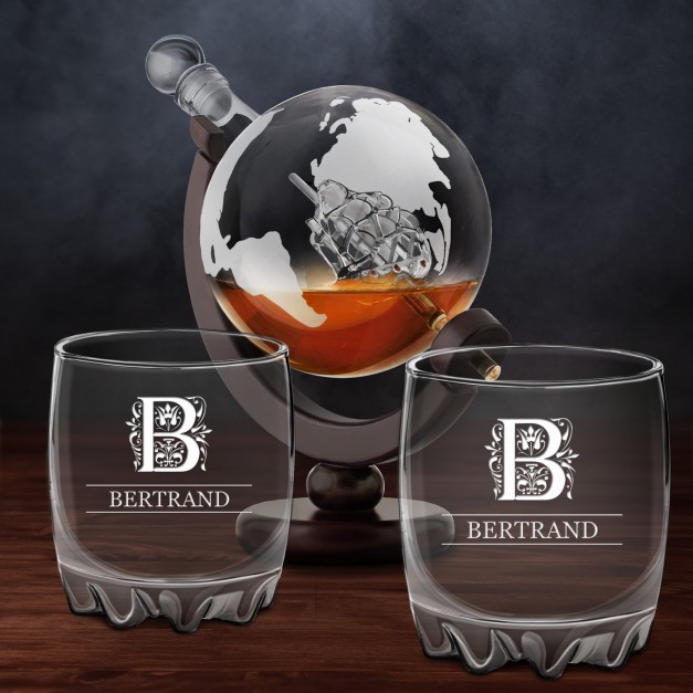Carafe à whisky globe avec 2 verres gravés pour lui grand-père