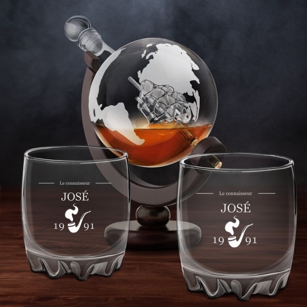 Carafe à whisky globe avec 2 verres gravés pour lui connaisseur