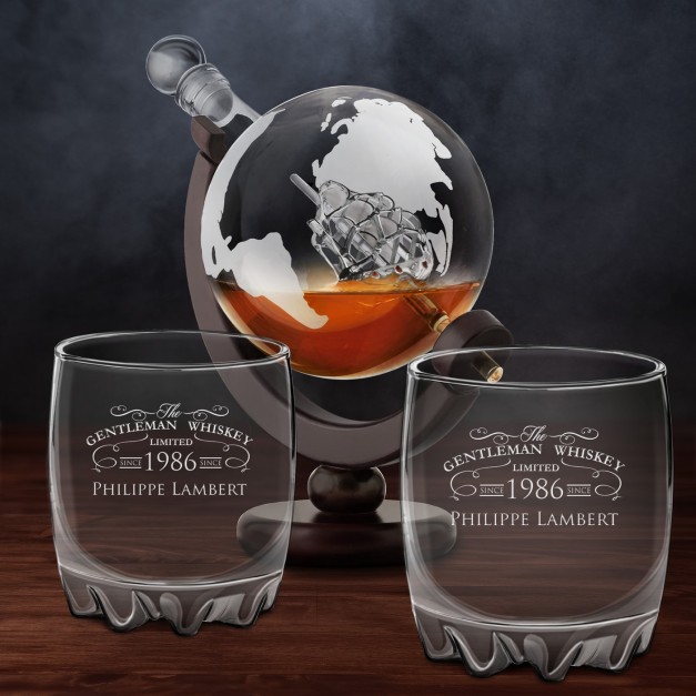 Carafe à whisky globe avec 2 verres gravés pour lui grand-père