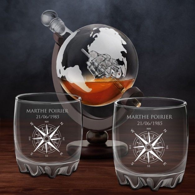 Carafe à whisky globe avec 2 verres gravés pour elle voyageuse