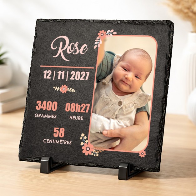 Pierre en ardoise personnalisée avec photo pour la naissance d'une petite-fille