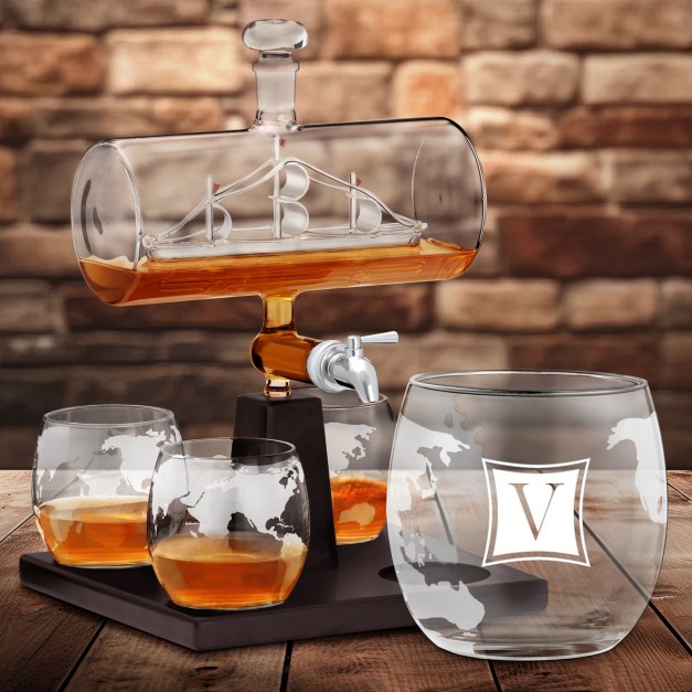 Set whisky carafe avec bateau et 4 verres avec gravure pour hommes et pour femmes pour Noël