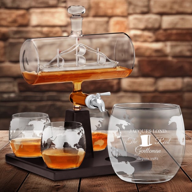 Set whisky carafe avec bateau et 4 verres avec gravure pour homme The Real Gentleman