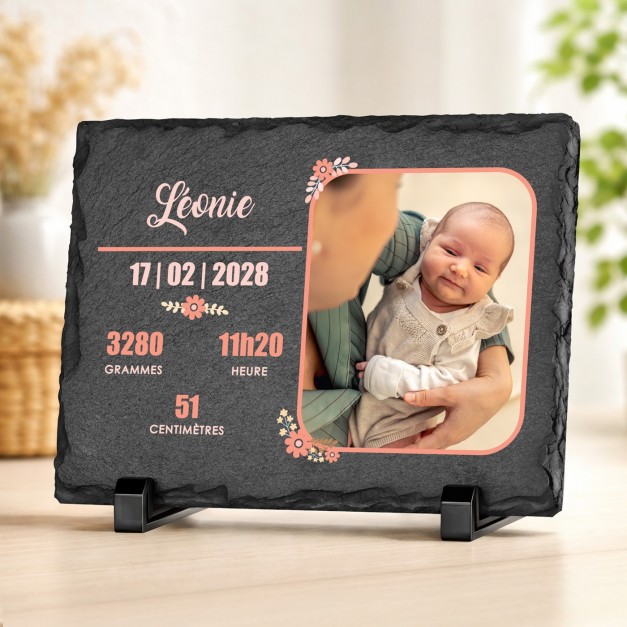Pierre en ardoise avec impression avec photo pour la naissance d'une petite fille