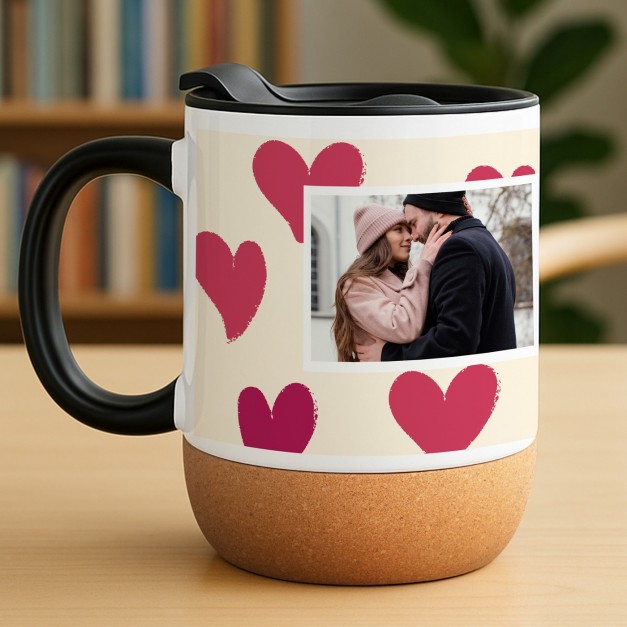 Mug blanc en céramique avec couvercle et fond en liège avec impression pour mari et femme pour la Saint-Valentin