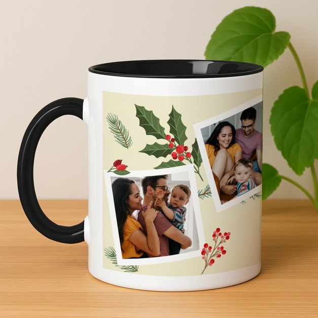 Tasse en céramique blanche et fond noir personnalisée avec impression avec photo pour des amis pour Noël