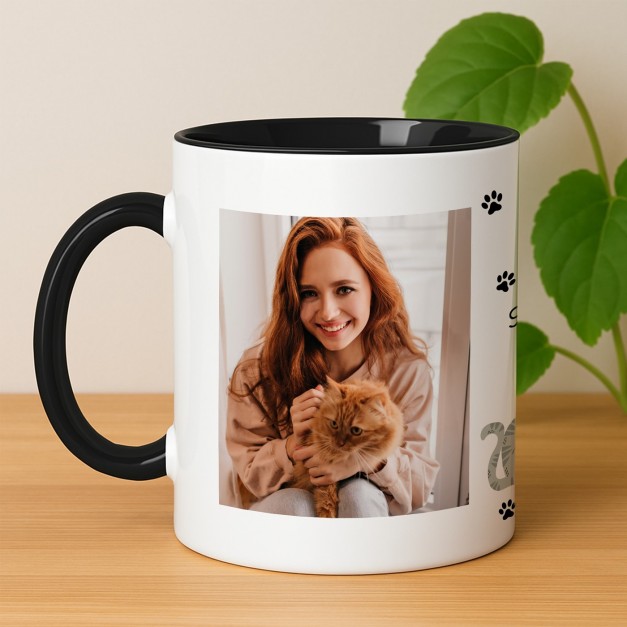 Tasse en céramique blanche et fond noir avec impression avec photo pour l'anniversaire d'une amie amoureuse des chats
