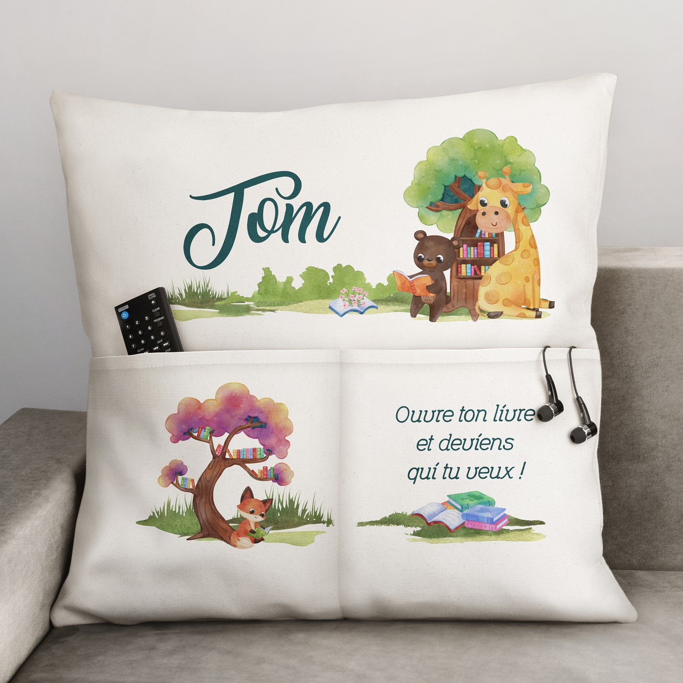 Oreiller en coton avec poches de rangement avec impression pour l'anniversaire d'un petit garçon