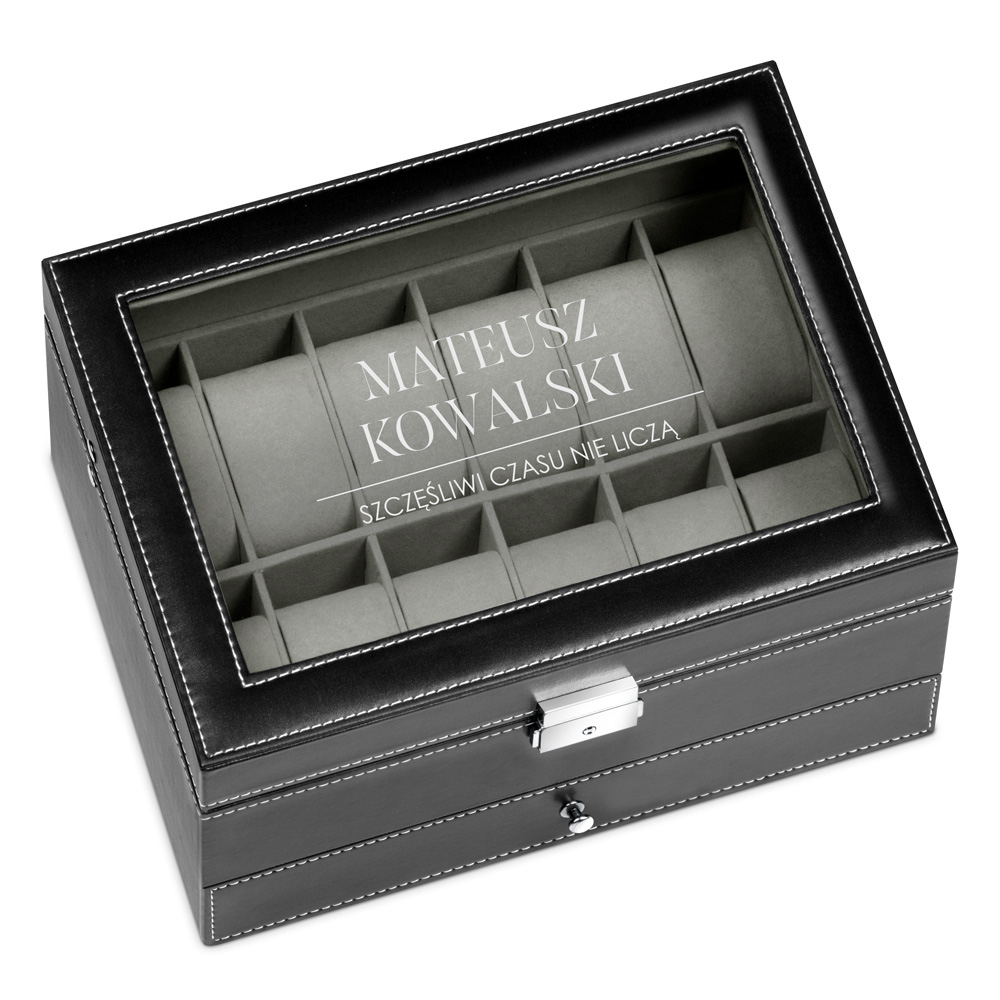 Boîte à bijoux et montres noire avec gravure pour l'anniversaire d'un copain