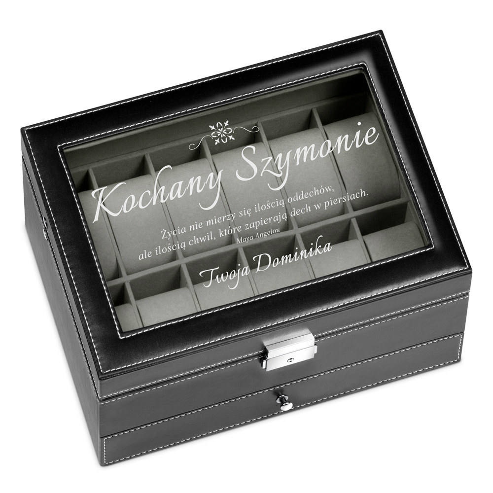 Boîte à bijoux et montres noire personnalisée pour l'anniversaire d'un ami