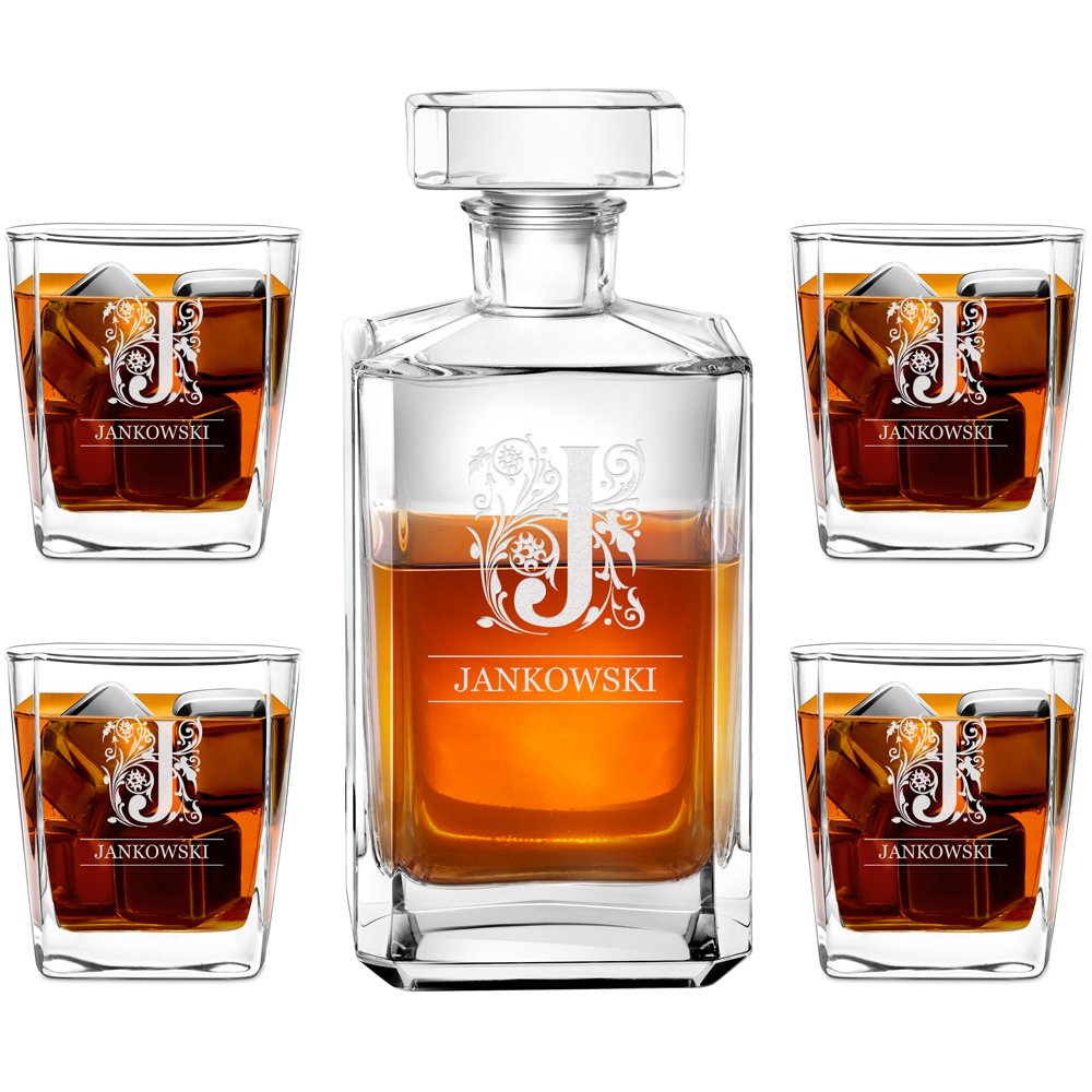 Carafe à whisky Bourbon et 4 verres avec gravure pour gentleman