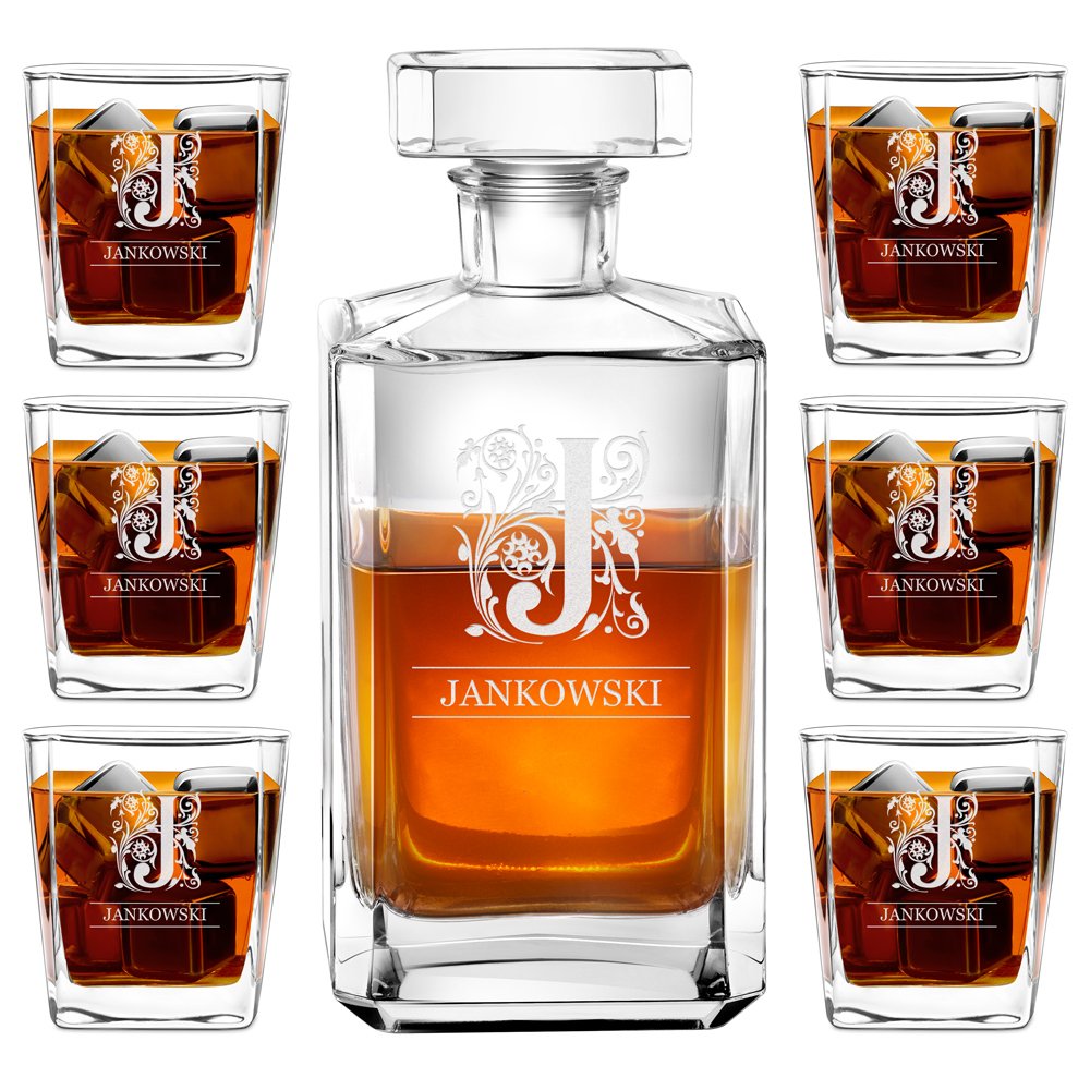Carafe à whisky Bourbon et 6 verres avec gravure pour gentleman