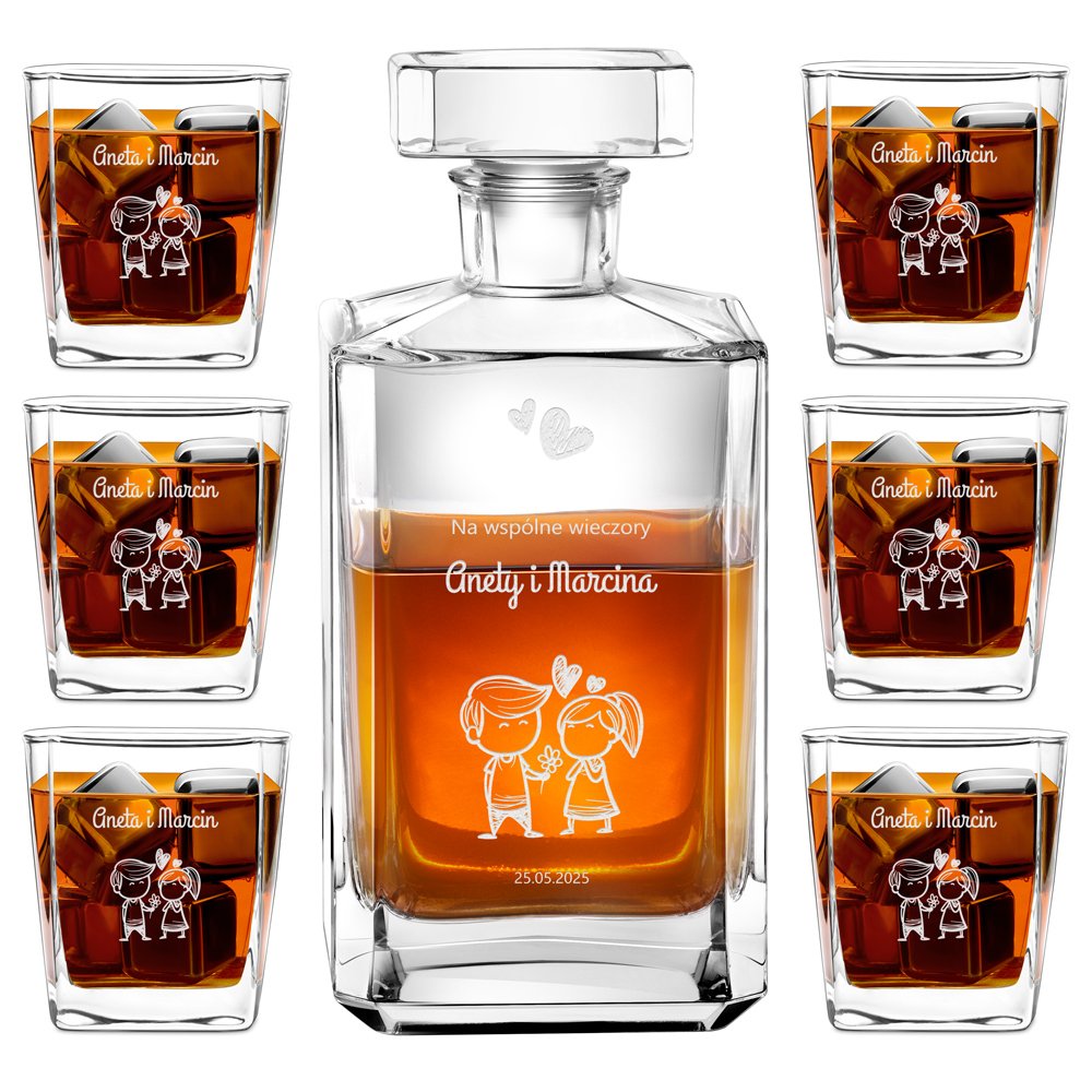 Carafe à whisky Bourbon et 6 verres avec gravure pour des amoureux