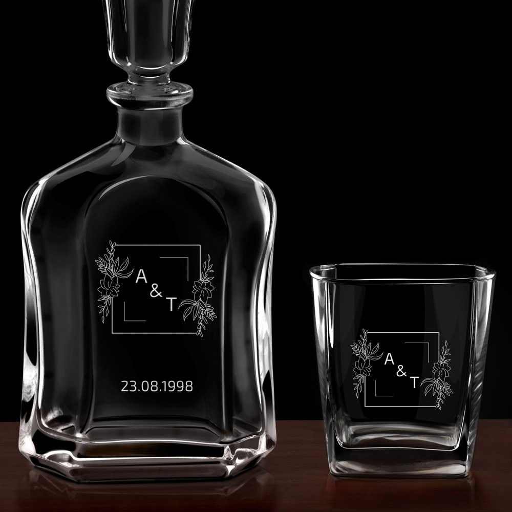 Ensemble de Carafe à whisky et 6 verres avec gravure - cadeau de mariage