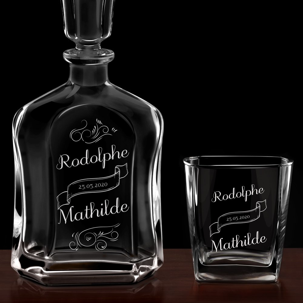 Ensemble de Carafe à whisky et 6 verres avec gravure pour les jeunes mariés