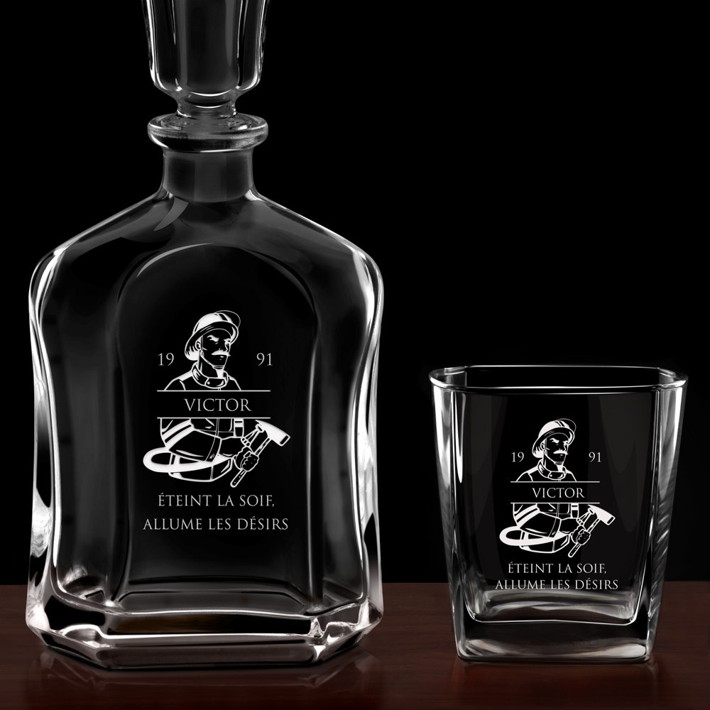 Ensemble de Carafe à whisky et 6 verres avec gravure pour un pompier pour anniversaire
