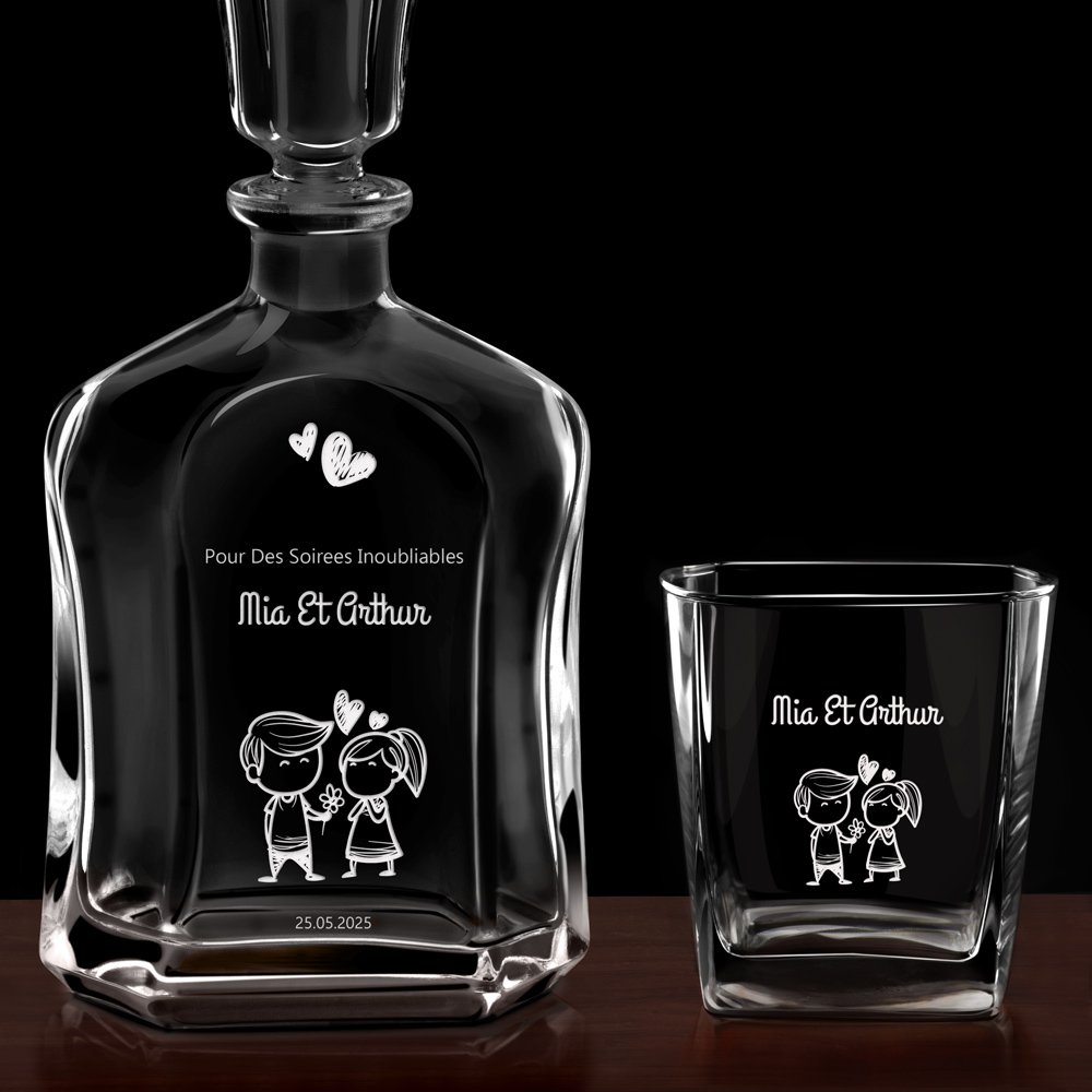 Set Carafe à whisky et 4 verres avec gravure pour un couple pour la Saint Valentin
