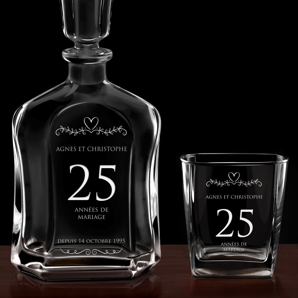 Set Carafe à whisky et 4 verres avec gravure pour couple pour 25 ans de mariage
