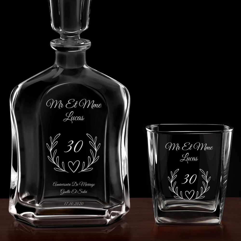 Set Carafe à whisky et 4 verres avec gravure pour anniversaire de mariage