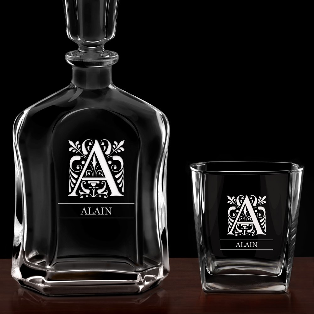 Set Carafe et 2 verres à whisky avec gravure pour gentleman avec initiale 