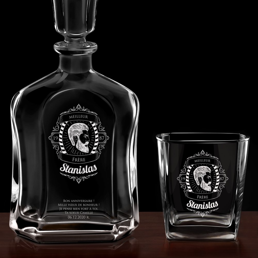 Set Carafe et 2 verres à whisky avec gravure pour frère