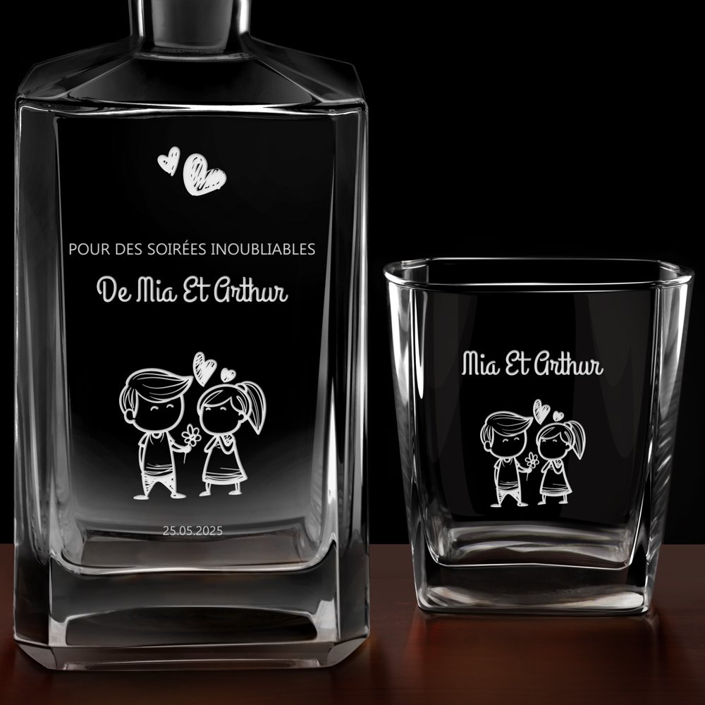 Carafe à whisky Bourbon et 6 verres avec gravure pour des amoureux
