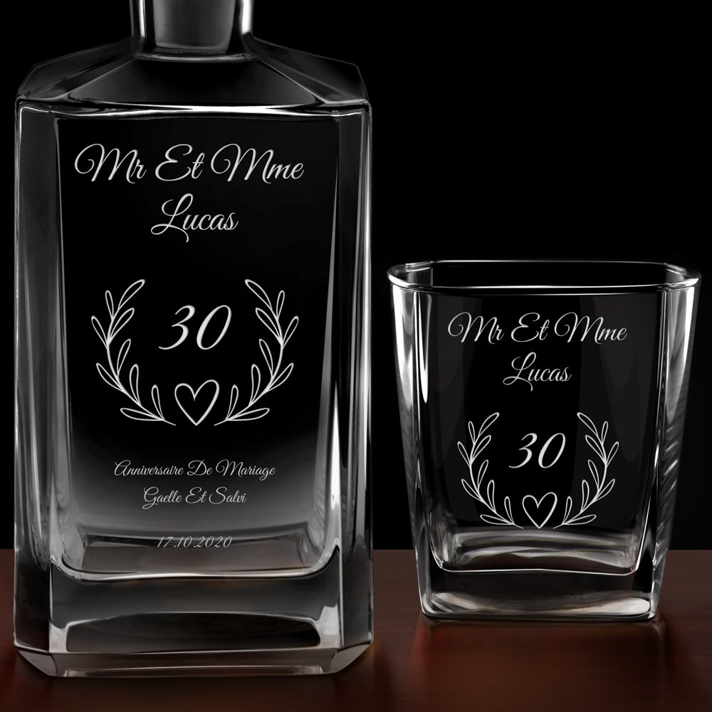 Carafe à whisky Bourbon et 4 verres avec gravure pour couple 30 ans de mariage