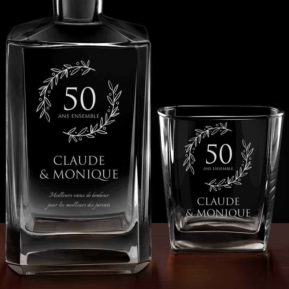 Carafe à whisky Bourbon et 4 verres avec gravure pour couple 50 ans de mariage