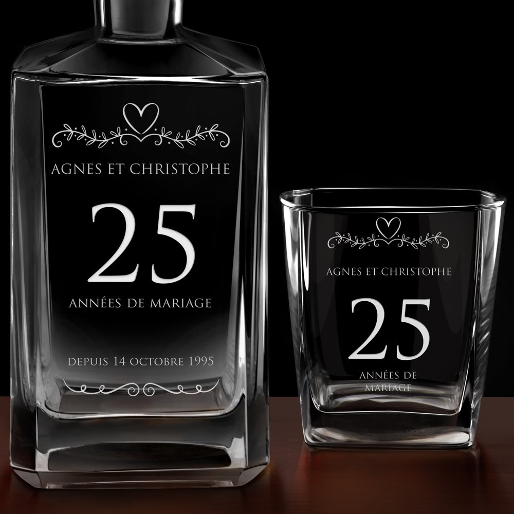 Carafe à whisky Bourbon et 4 verres avec gravure pour couple 25 ans de mariage
