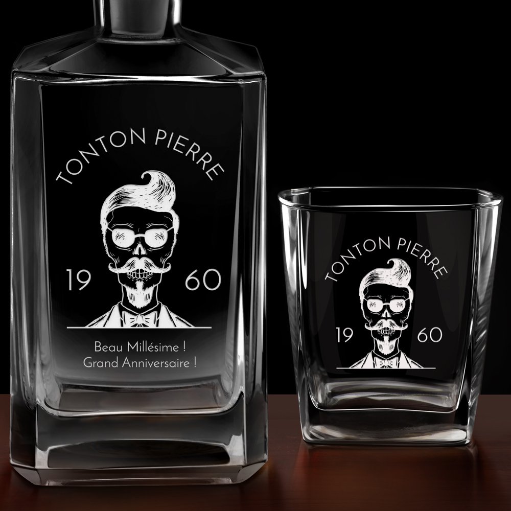 Carafe à whisky Bourbon et 2 verres avec gravure pour tonton