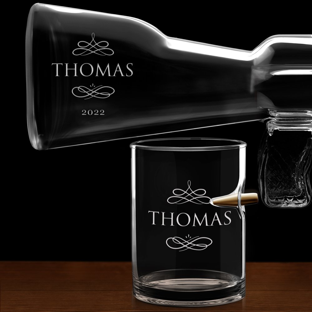 Carafe Fusil et 4 verres avec gravure pour homme avec prénom