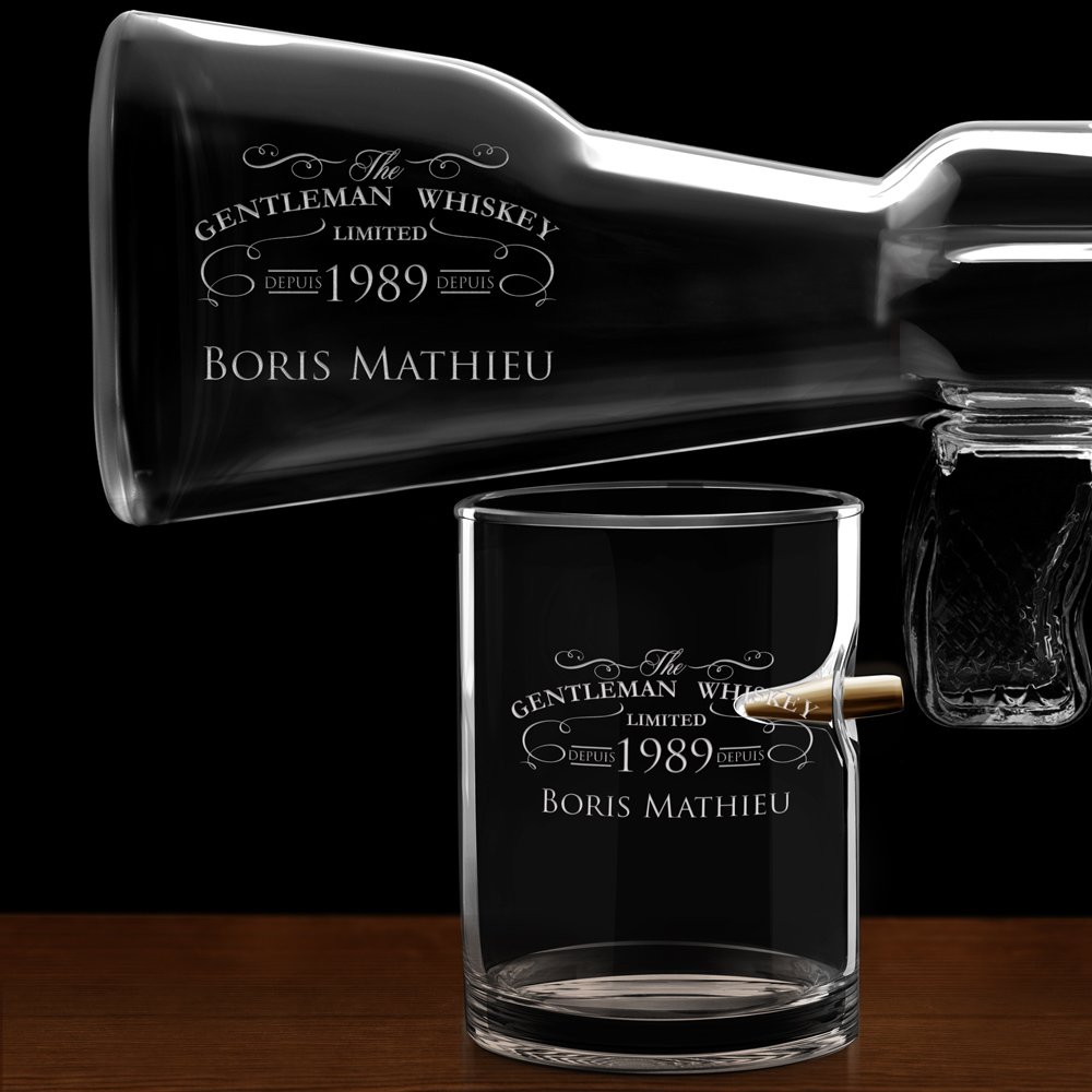 Carafe Fusil et 4 verres avec gravure pour gentleman pour son anniversaire