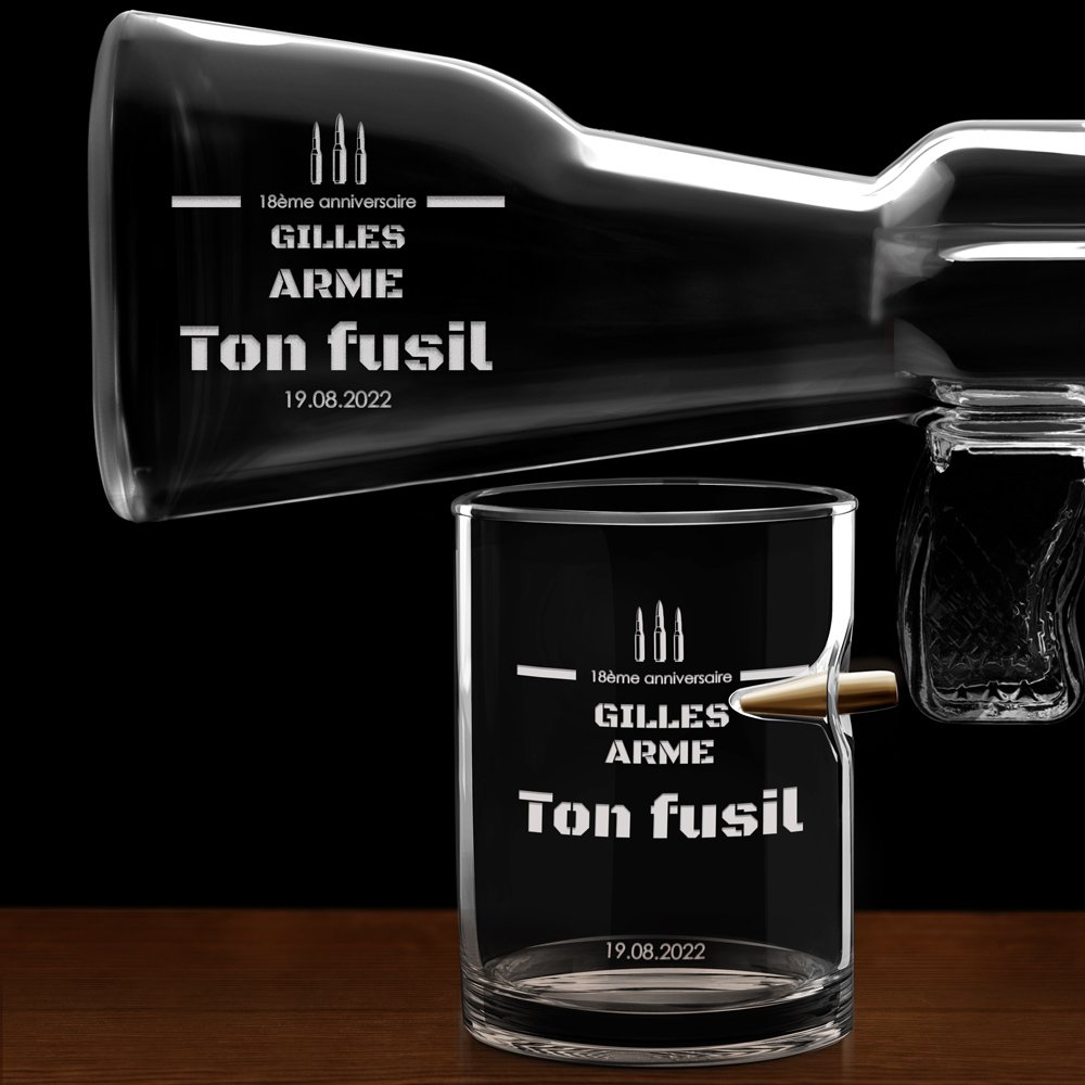 Carafe Fusil et 4 verres avec gravure pour copain pour son 18e anniversaire