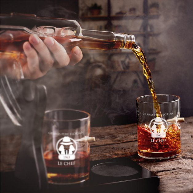 Carafe Fusil et 4 verres avec gravure pour grand-père