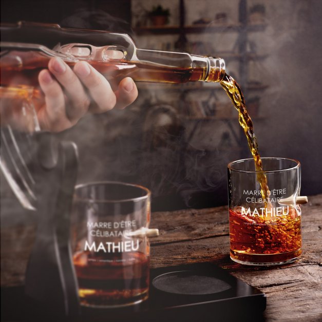Carafe Fusil et 4 verres avec gravure pour futur marié pour EVG