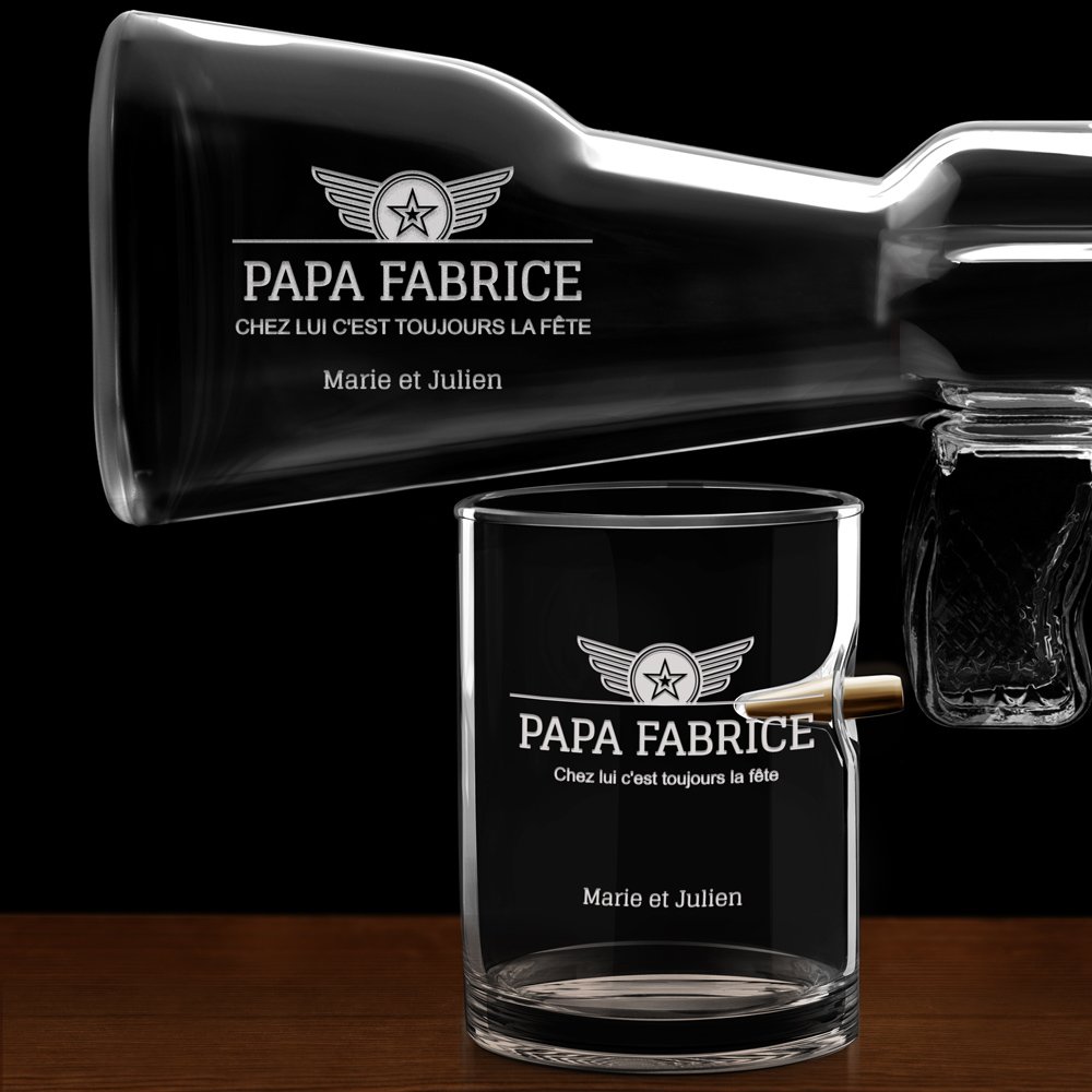 Carafe Fusil et 4 verres avec gravure pour papa