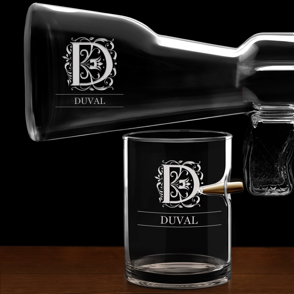 Carafe Fusil et 4 verres avec gravure initiale nom pour elle pour lui