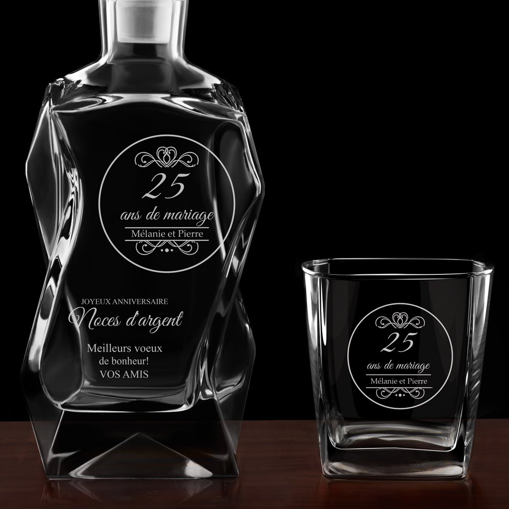 Ensemble Carafe Courbe et 6 verres avec gravure pour couple 25 ans