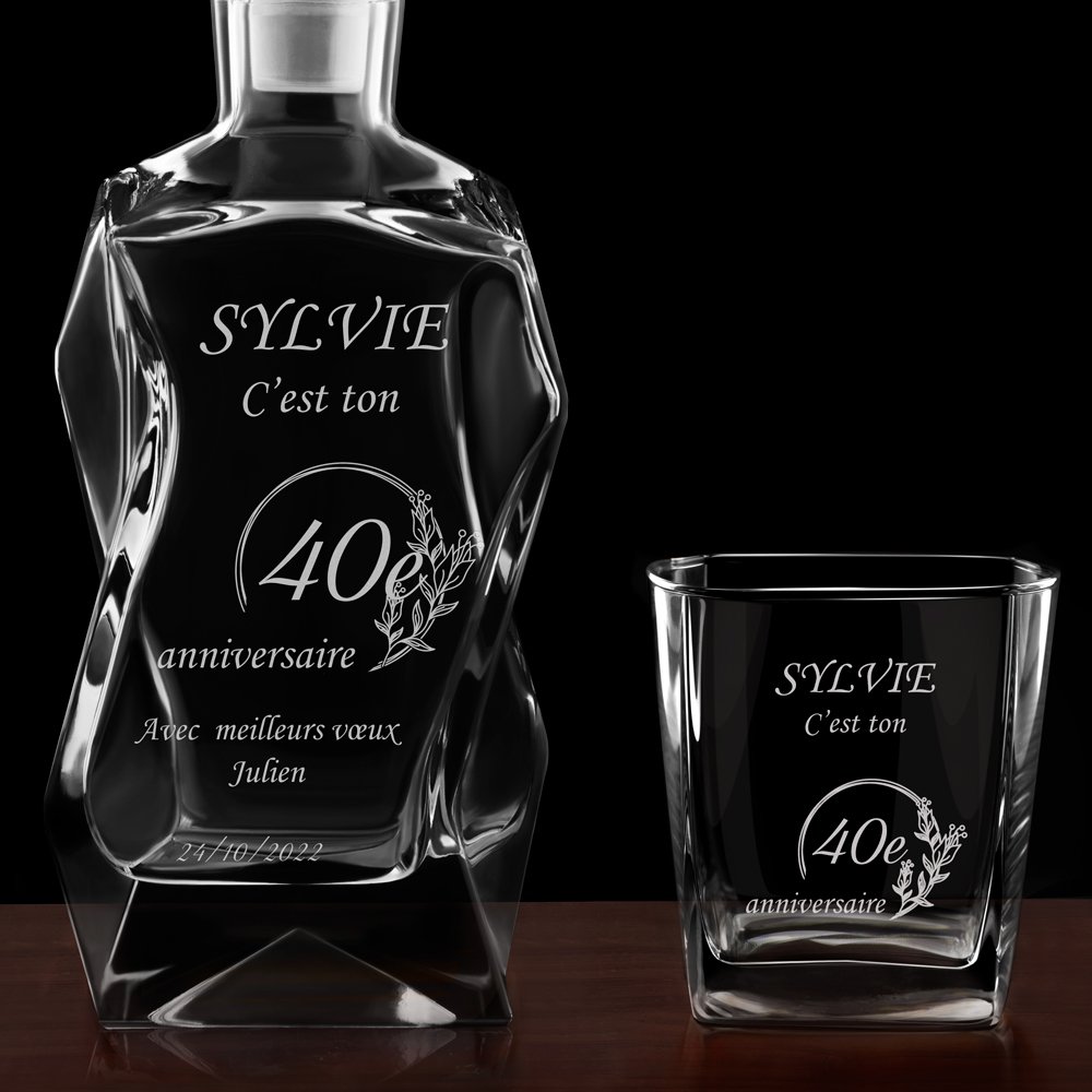 Ensemble Carafe Courbe et 4 verres avec gravure pour elle 40 ans