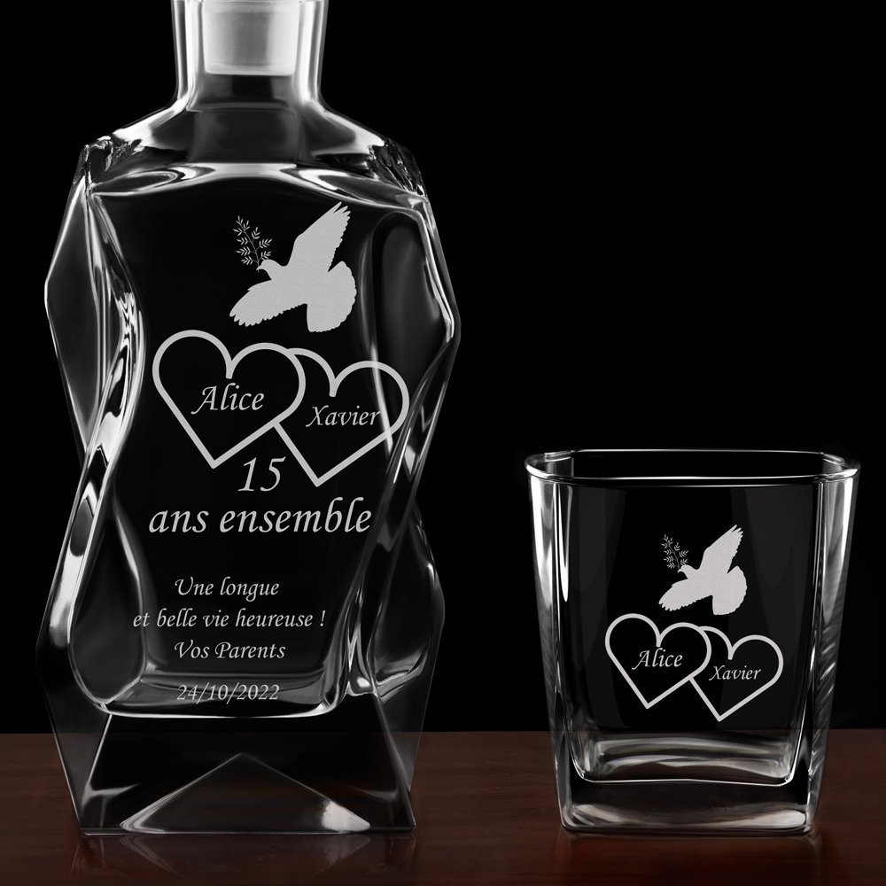 Ensemble Carafe Courbe et 4 verres avec gravure pour couple 15 ans de mariage