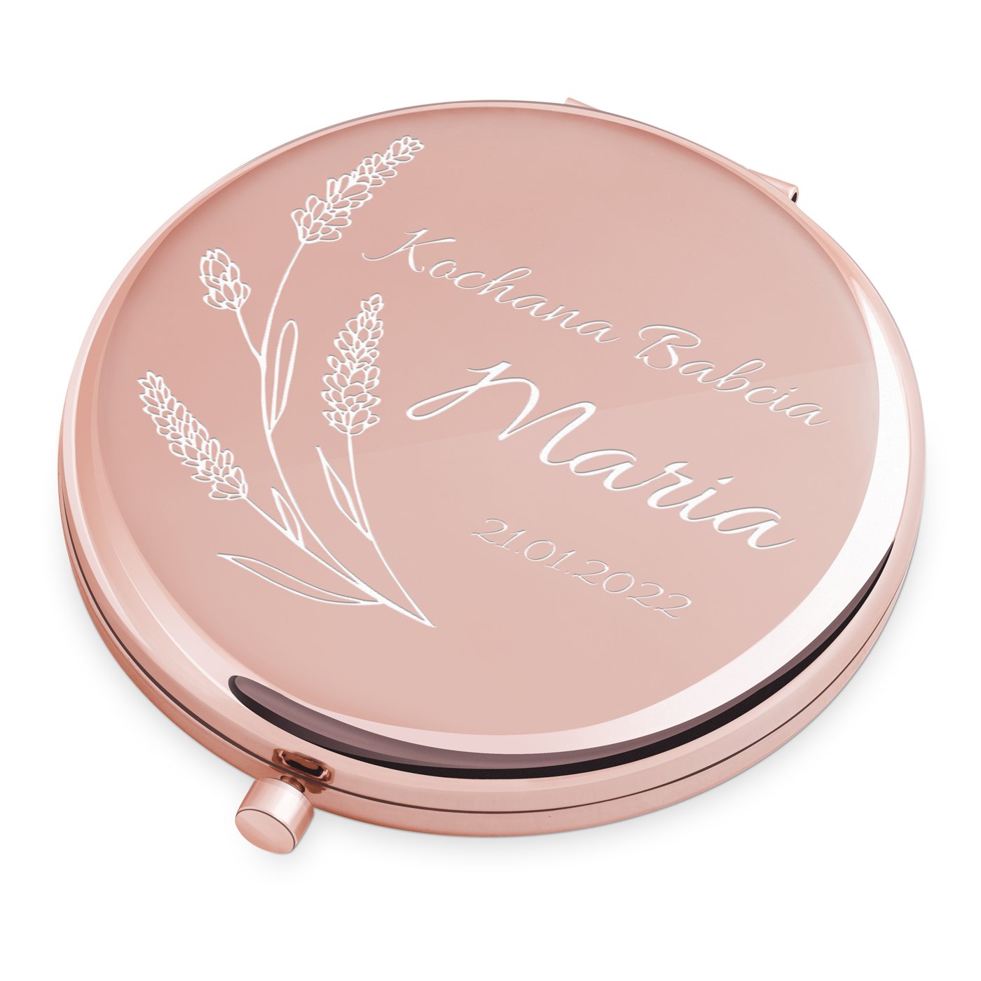 Miroir de poche rond de couleur or rose avec gravure pour la fête des grands-mères