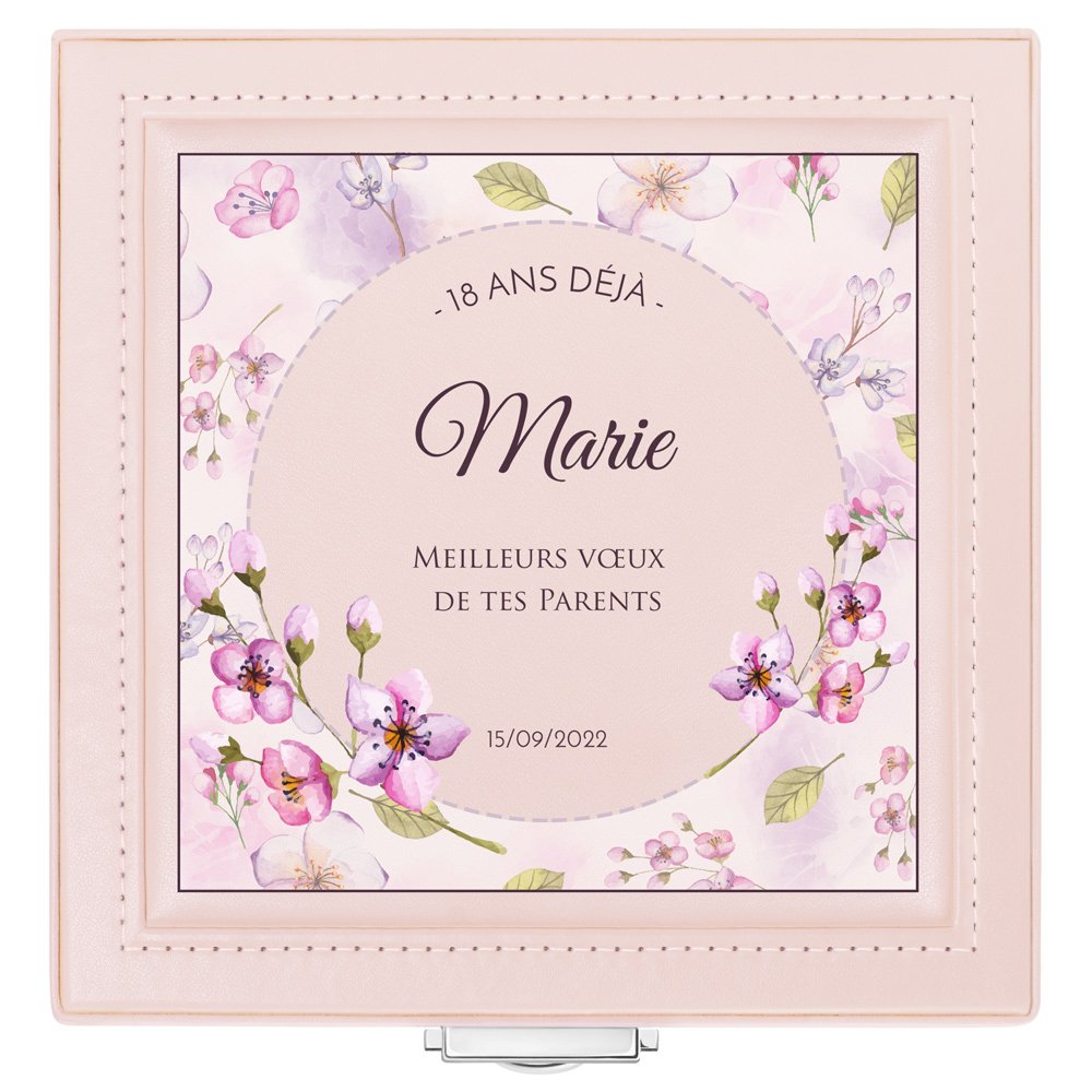 Coffret à bijoux rose avec impression pour une fille pour ses 18 ans