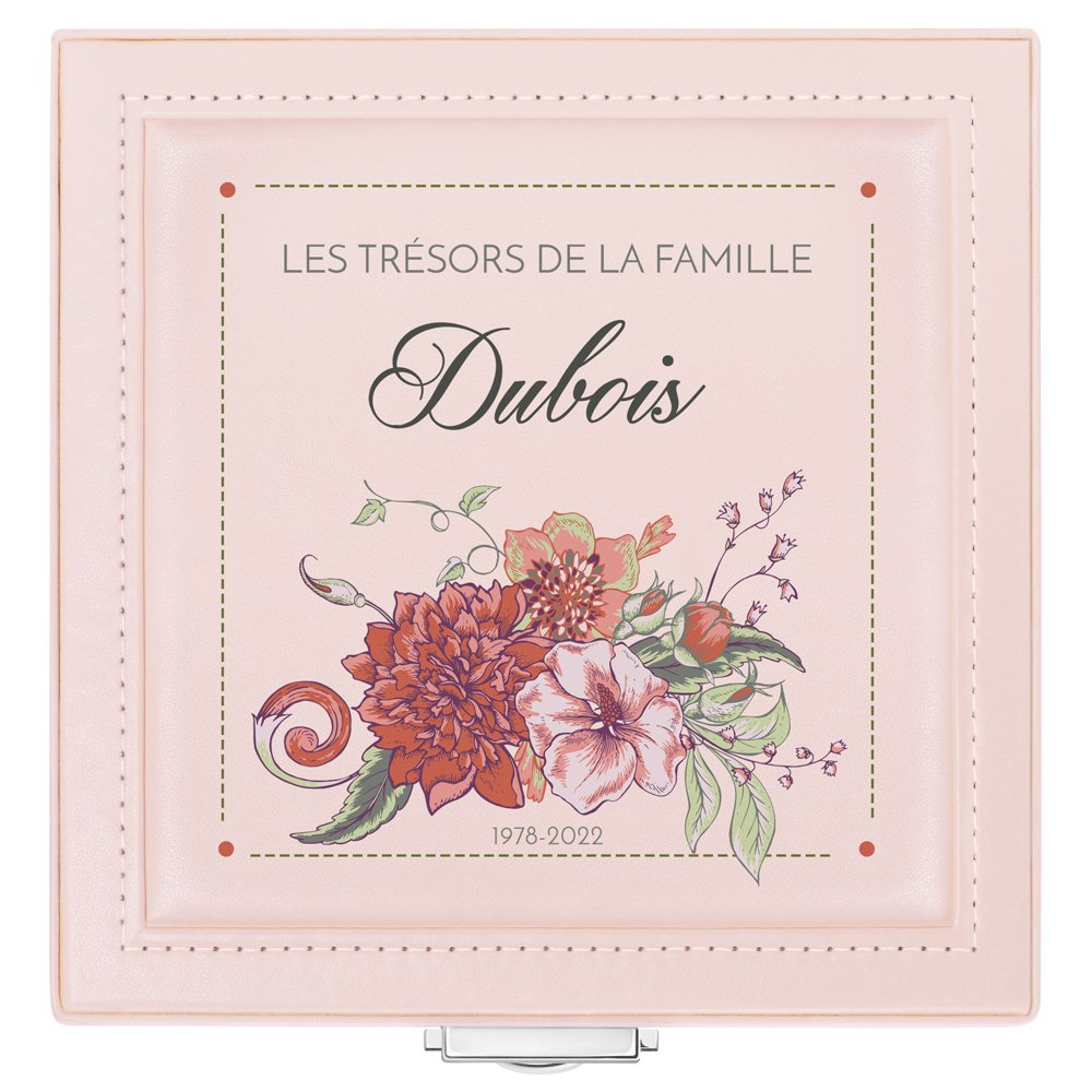 Coffret à bijoux rose personnalisé pour des amis pour leur anniversaire de mariage