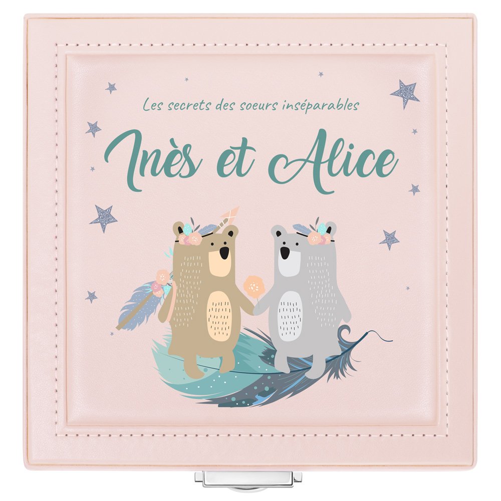 Coffret à bijoux rose avec impression pour l'anniversaire de vos petites filles jumelles