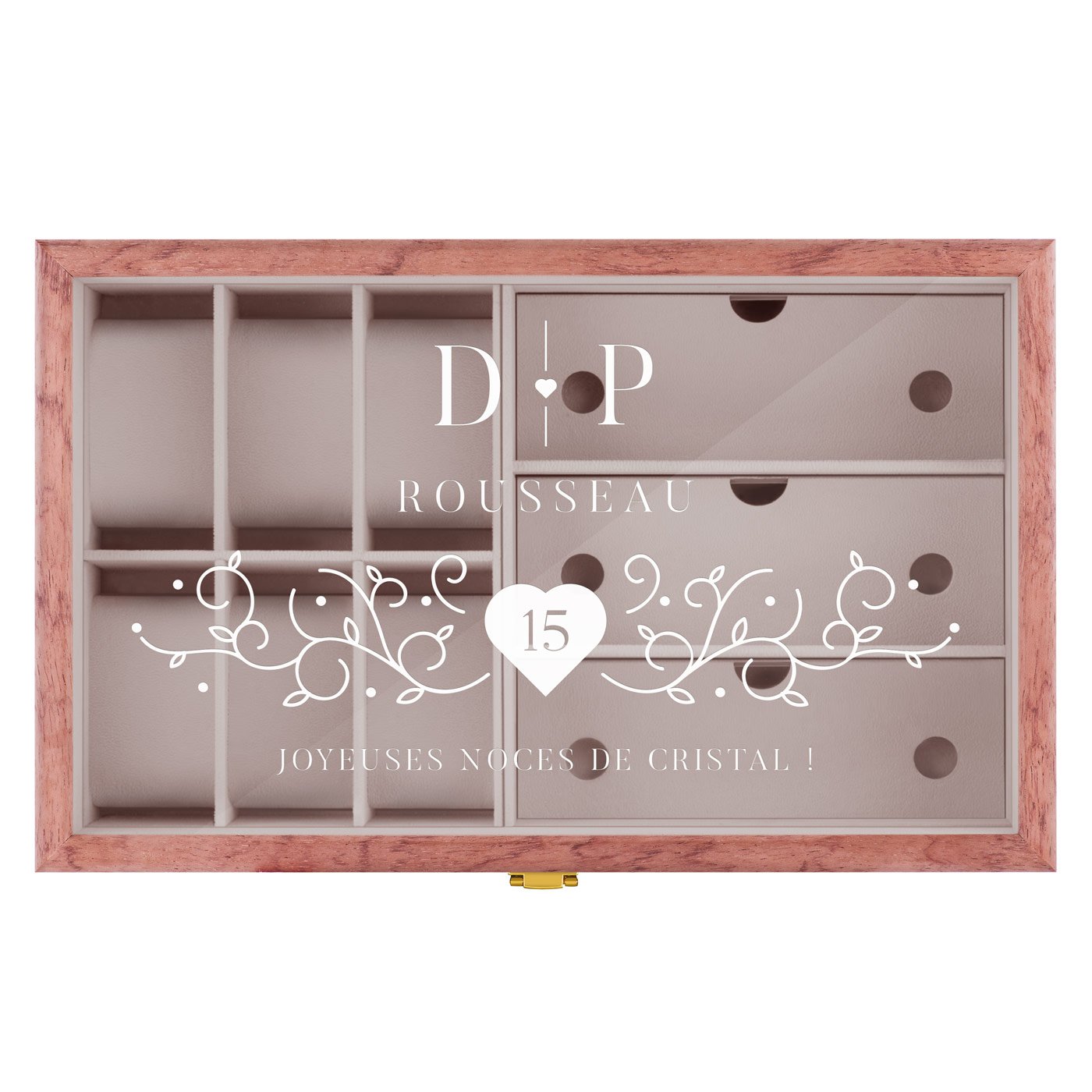 Coffret de rangement en bois rose avec gravure pour un couple pour 15 ans de mariage