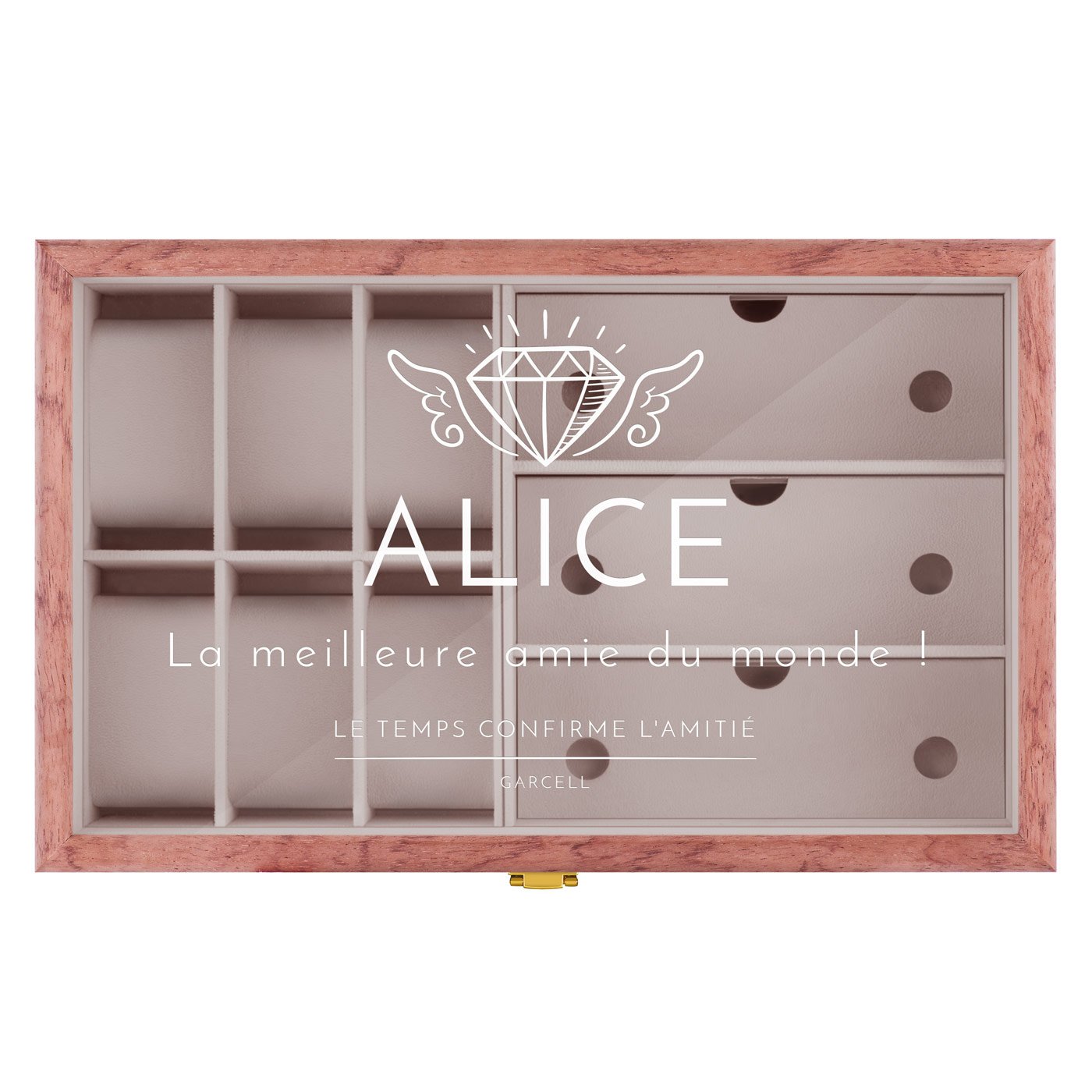 Coffret de rangement en bois rose avec gravure pour l'anniversaire d'une amie