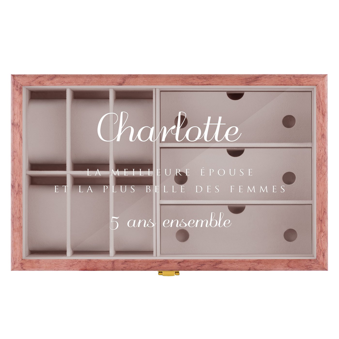 Coffret de rangement en bois rose personnalisé pour une épouse pour 5 ans de mariage