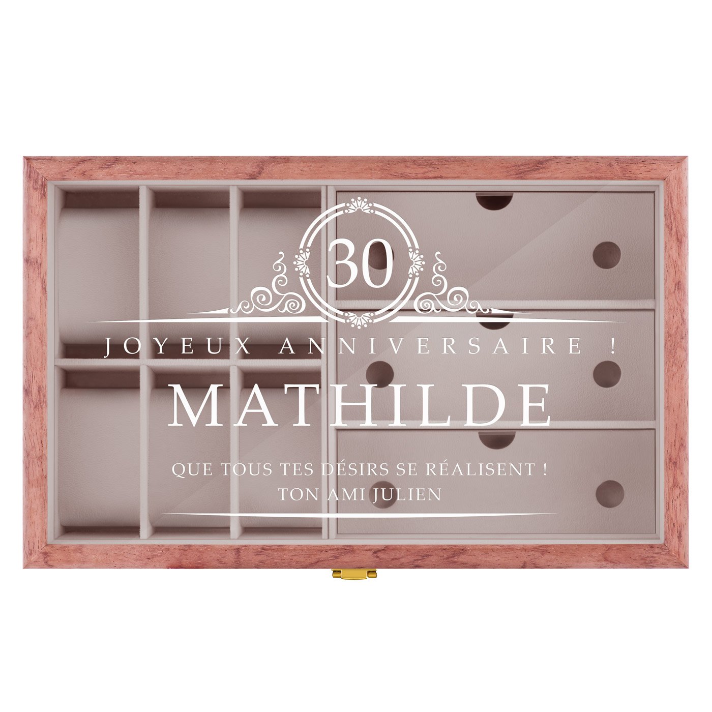Coffret de rangement en bois rose avec gravure pour une femme pour son 30e anniversaire