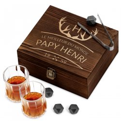 Ensemble de pierres à whisky avec 2 verres dans une boîte avec gravure pour l'anniversaire de papy